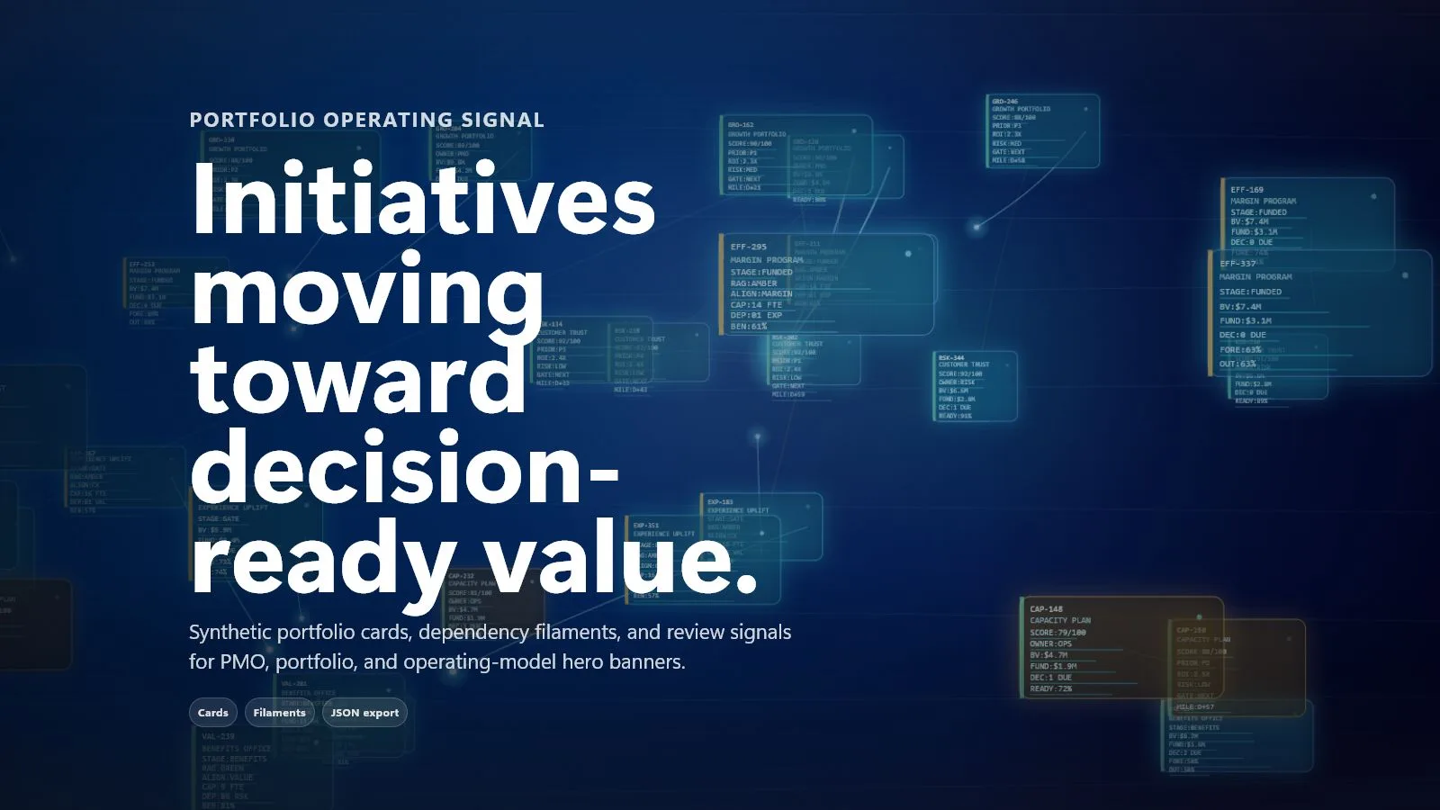 Portfolio Signal hero-banner sample with animated initiative cards and dependency filaments