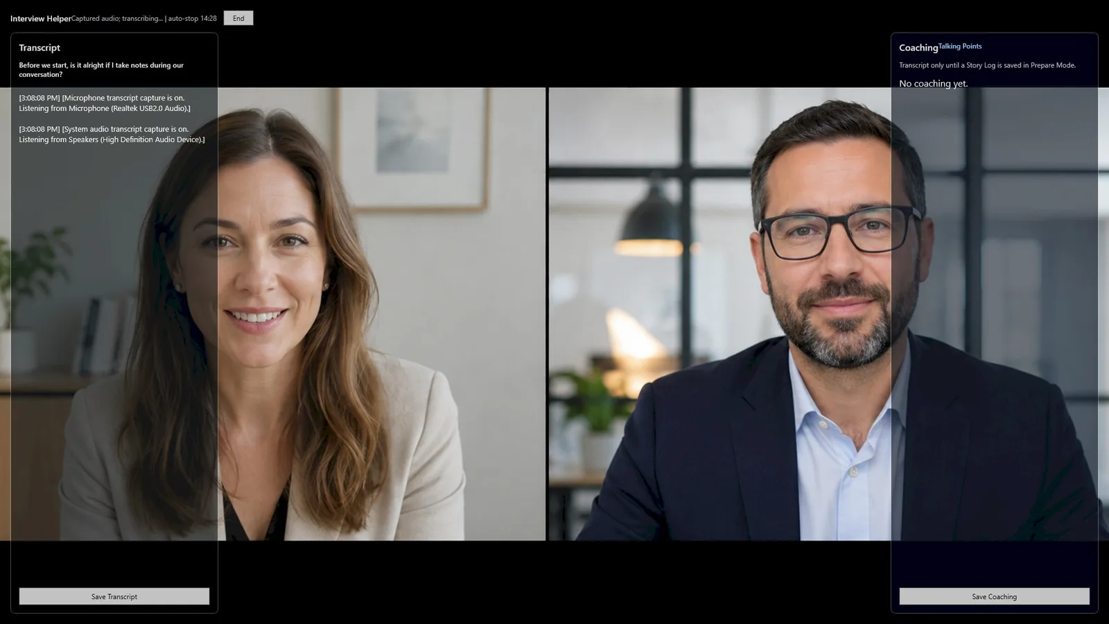Interview Helper overlay during a video call: a live transcript rail on the left and a prepared talking-points rail on the right, with the call visible in the center