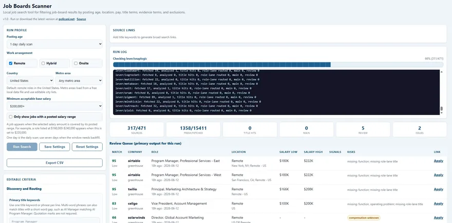 Job Boards Scanner mid-scan: run profile filters on the left, live run log and progress at top, and a ranked review queue of matched roles with salary ranges below