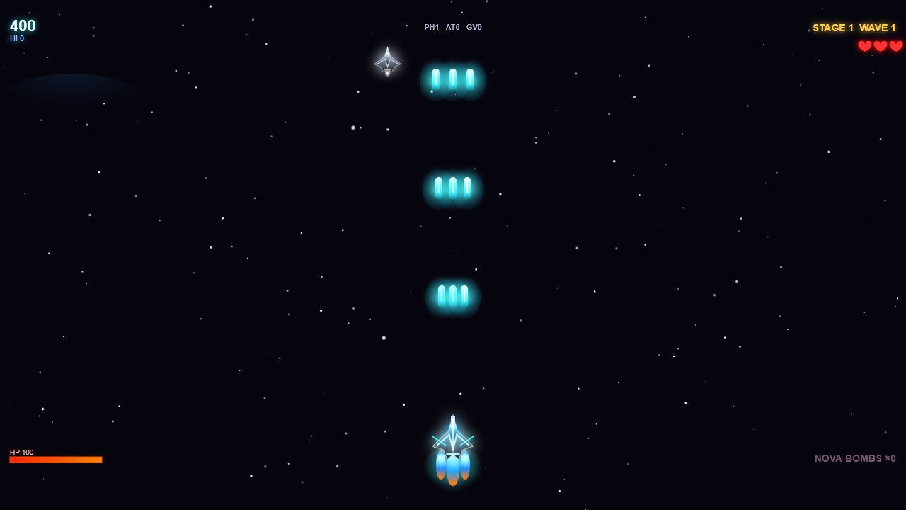 Kytherion Drift arcade shooter gameplay with a player ship, glowing enemies, and a dark starfield
