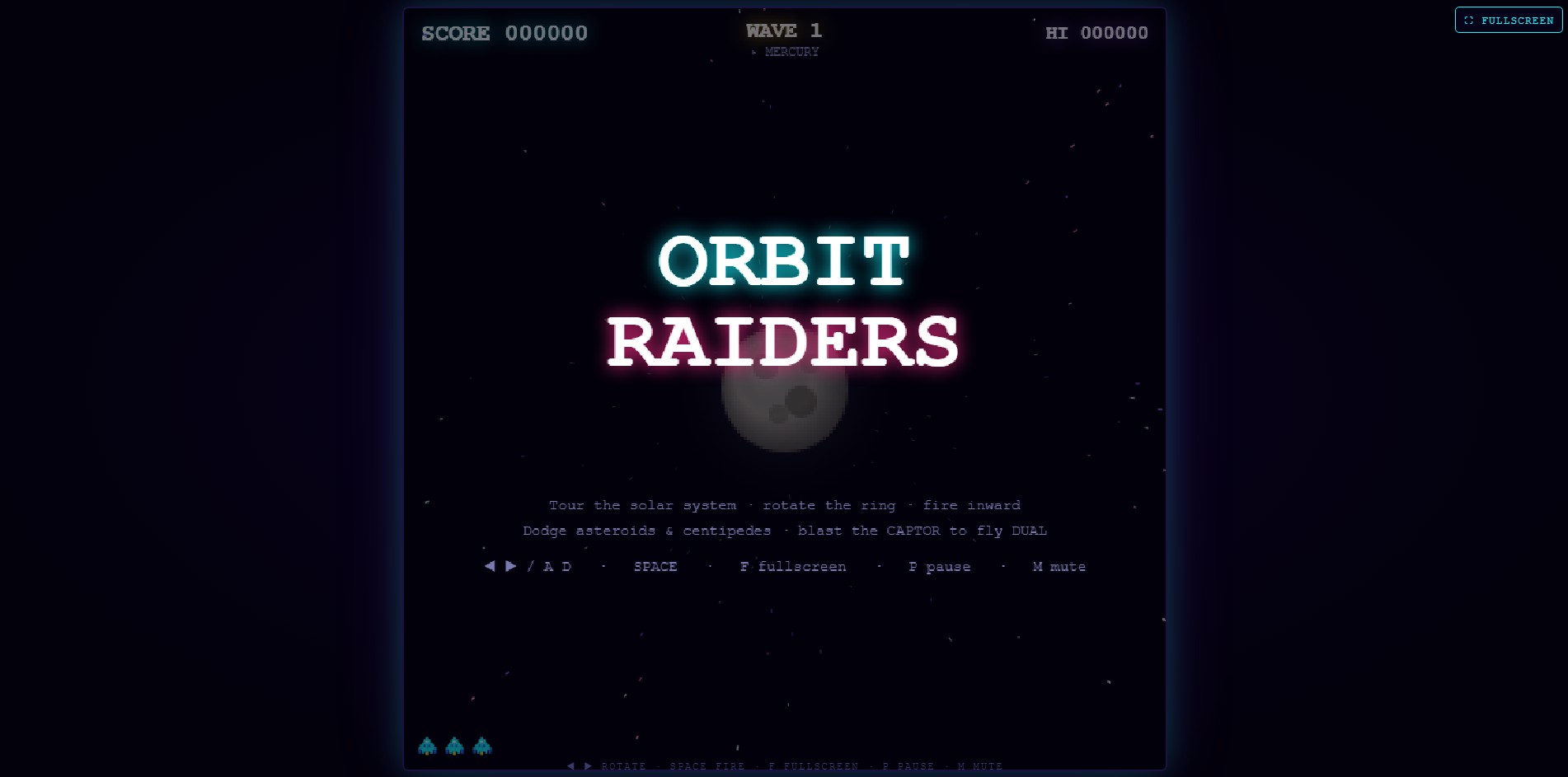 Orbit Raiders radial arcade shooter with a player ship orbiting a planet in a starfield